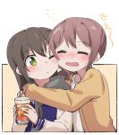  2girls ;o alcohol bang_dream! bangs beer black_hair blush brown_hair cup drinking_glass drunk green_eyes gyaheung hanazono_tae holding holding_cup hug hug_from_behind jacket long_hair long_sleeves multiple_girls one_eye_closed polka_dot polka_dot_background ponytail sidelocks upper_body yamabuki_saaya yellow_jacket yuri 