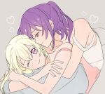  2girls ;) bang_dream! bangs blonde_hair camisole crossed_arms cuddling girl_on_top grey_background half-closed_eyes half_updo heart hug hug_from_behind looking_at_another lying multiple_girls on_stomach one_eye_closed pink_camisole purple_eyes purple_hair red_eyes seri_(vyrlw) seta_kaoru shirasagi_chisato smile strap_slip under_covers white_camisole yuri 