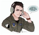  1boy ace_combat ace_combat_7 anger_vein annoyed artist_name bandog black_shirt blue_eyes brown_hair coiled_cord collarbone english_text eyebrows hand_on_headphones headphones headset looking_to_the_side microphone open_mouth patch pilot_suit shirt short_hair skyleranderton solo speech_bubble talking unit_patch upper_body white_background 