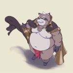  2019 anthro asian_clothing belly brown_body brown_fur canid canine clothing east_asian_clothing facial_hair fundoshi fur japanese_clothing male mammal moobs mustache navel nipples overweight overweight_male pesrev raccoon_dog simple_background solo tanuki underwear 