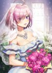  1girl absurdres ahoge alternate_costume backlighting bare_shoulders bouquet breasts bridal_veil bride cleavage collarbone commentary_request dress earrings eyebrows_visible_through_hair eyes_visible_through_hair fate/grand_order fate_(series) flower glint hair_over_one_eye highres holding holding_bouquet indoors jewelry large_breasts light_particles looking_at_viewer mash_kyrielight necklace noixen off-shoulder_dress off_shoulder pink_flower pink_hair purple_eyes see-through short_hair solo upper_body veil wedding_dress window 