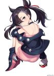  1girl ass asymmetrical_bangs asymmetrical_hair bangs black_jacket blush choker dress earrings high_heels jacket jewelry long_hair looking_at_viewer mary_(pokemon) off-shoulder_jacket pink_dress poke_ball pokemon pokemon_(game) pokemon_swsh sakanasoko simple_background solo thighs undercut white_background 