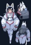  1girl animal_ears back black_background black_eyes black_hair character_name character_sheet helmet original science_fiction scratches short_hair simple_background solo spacesuit standing window1228 