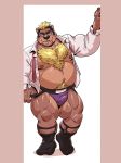  2019 anthro bearwivme belly big_muscles black_hair black_nose blonde_hair body_hair brown_body brown_fur brown_nipples chest_hair clothing dress_shirt extracurricular_activities eyebrows eyewear fur glasses green_eyes grin hair happy_trail harold_grifter jockstrap legwear looking_at_viewer male mammal multicolored_hair musclegut muscular muscular_male necktie nipples shirt smile socks solo standing thick_eyebrows topwear underwear ursid 