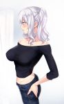  1girl alternate_costume black_sweater blue_eyes blue_pants blurry breasts butt_crack cowboy_shot denim depth_of_field impossible_clothes impossible_shirt jeans kantai_collection kashima_(kantai_collection) large_breasts long_hair midriff off-shoulder_sweater off_shoulder pants profile shirt sidelocks silver_hair solo standing sweater twintails twisted_torso untsue wavy_hair white_background 