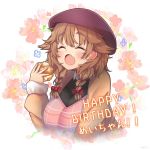 1girl :o ^_^ a5g7a5d8 bangs beret blush bow braid brown_hair brown_jacket closed_eyes cream_puff fang floral_background food hair_bow happy_birthday hat holding holding_food jacket long_sleeves nijisanji red_bow red_headwear solo twin_braids upper_body virtual_youtuber warabeda_meijii 