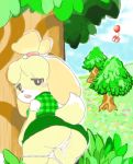  2017 animal_crossing anthro anus balloon blush bodily_fluids bottomwear butt canid canine canis clothing cum cum_in_ass cum_in_pussy cum_inside diru domestic_dog female fur genital_fluids hair isabelle_(animal_crossing) looking_at_viewer looking_back mammal nintendo open_mouth outside panties panties_down pussy skirt solo tree underwear video_games yellow_body yellow_fur 