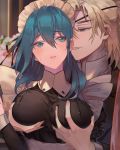  1boy 1girl alternate_costume black_ribbon blonde_hair blue_eyes blue_hair blurry blurry_background breast_grab breasts byleth_(fire_emblem) byleth_(fire_emblem)_(female) commentary dimitri_alexandre_blaiddyd enmaided eyebrows_visible_through_hair eyepatch face fire_emblem fire_emblem:_three_houses grabbing hair_between_eyes hair_ornament hair_ribbon highres large_breasts long_hair looking_at_another maid maid_headdress parted_lips peach_luo ponytail ribbon short_hair smile 