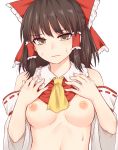  1girl ascot bangs bare_shoulders black_hair bow breasts brown_eyes commentary_request detached_sleeves eyebrows_visible_through_hair frilled_bow frilled_shirt_collar frills hair_bow hair_tubes hakurei_reimu hands_on_own_chest hands_up long_hair long_sleeves looking_at_viewer medium_breasts miyo_(ranthath) nipples red_bow sidelocks simple_background solo stomach sweat touhou upper_body white_background wide_sleeves yellow_neckwear 