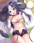  1girl :d ahoge animal_ears bare_shoulders barefoot bikini black_hair black_shorts blue_eyes bone_hair_ornament breasts choker cleavage collarbone commentary_request dog_ears dog_girl dog_tail fang green_nails hair_ornament hairclip hands_up jacket komiya_hitoma large_breasts long_hair long_sleeves looking_at_viewer lying multicolored_hair nail_polish navel off_shoulder on_back one_side_up open_clothes open_fly open_jacket open_mouth original pillow short_shorts shorts smile solo stomach strap_pull swimsuit tail thighs two-tone_hair white_bikini white_hair white_jacket 