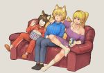  3girls :3 :d absurdres alternate_costume animal_ear_fluff animal_ears arm_around_shoulder bangs bare_shoulders black_legwear blonde_hair blue_sweater breasts brown_hair bucket can casual cat_ears chanta_(ayatakaoisii) chen cleavage commentary_request constricted_pupils contemporary couch dress eyebrows_visible_through_hair food fox_ears fox_tail grey_background grey_pants hair_between_eyes hand_up highres holding holding_can holding_food jacket large_breasts long_hair long_sleeves multiple_girls multiple_tails no_hat no_headwear no_shoes off-shoulder_dress off_shoulder open_mouth orange_footwear pants ponytail popcorn purple_dress purple_eyes red_jacket red_pants ribbed_sweater short_dress short_hair short_sleeves sidelocks simple_background sitting slippers slit_pupils smile socks sweater tail touhou turtleneck turtleneck_sweater white_legwear yakumo_ran yakumo_yukari yellow_eyes 