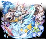  1girl apple_caramel arcana_tactics blue_flower blue_skin breasts bubble check_copyright company_name coral dragon dress flower highres holding holding_weapon horns lance large_breasts long_hair looking_at_viewer motion_blur official_art original pink_horns polearm solo tropical_fish very_long_hair water weapon white_hair yellow_eyes 
