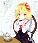  1girl akidzuki_haruhi black_skirt black_vest blonde_hair blowing chair coffee coffee_mug cup hair_ribbon long_sleeves mug red_eyes ribbon rumia shirt short_hair sitting sketch skirt spoon steam sugar_cube table touhou vest white_shirt 