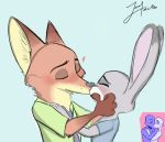  anthro anthro_on_anthro black_nose blue_background blush canid canine cheek_tuft clothed clothing dipstick_ears disney duo eyes_closed facial_tuft fox fur grey_body grey_fur inner_ear_fluff juantriforce042 judy_hopps kissing lagomorph leporid mammal multicolored_ears neck_tuft necktie orange_body orange_fur rabbit red_fox shirt simple_background t-shirt topwear tuft zootopia 