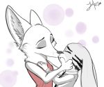  abstract_background anthro anthro_on_anthro arctic_fox black_stripes canid canine cheek_tuft clothed clothing disney dress duo facial_markings facial_tuft fox fur grey_body grey_fur head_markings inner_ear_fluff jack_savage juantriforce042 kissing lagomorph leporid mammal markings neck_tuft necktie rabbit shirt skye_(zootopia) stripes topwear tuft white_body white_fur zootopia 