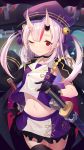  1girl armpits azur_lane bell belly beret blurry blurry_background cannon cape gloves hair_between_eyes hat highres hitokuchii hololive katana long_hair looking_at_viewer nakiri_ayame one_eye_closed oni_horns red_eyes sheath sheathed silver_hair sleeveless solo sword thighhighs twintails virtual_youtuber weapon 