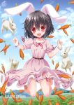  animal_ears barefoot belt belt_buckle black_hair breasts buckle bunny bunny_ears carrot dress inaba_tewi long_skirt moon open_mouth red_eyes short_hair short_sleeves skirt smile touhou yamu_(reverse_noise) 