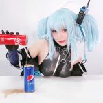  1girl :d ahoge black_gloves breast_rest breasts bright_pupils can choker coca-cola cosplay covered_collarbone girls_frontline gloves grey_eyes highres licking_lips light_blue_hair looking_at_viewer open_mouth pa-15_(girls_frontline) parted_lips pepsi photo real_life shiny shiny_clothes short_twintails sidelocks small_breasts smile soda soda_can solo spilling tight tongue tongue_out twintails upper_body 