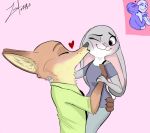  &lt;3 anthro anthro_on_anthro bottomwear canid canine carrying clothed clothing dipstick_ears disney duo fox fully_clothed fur gloves_(marking) grey_body grey_fur inner_ear_fluff juantriforce042 judy_hopps kissing_cheek lagomorph leporid mammal markings multicolored_ears neck_tuft nick_wilde orange_body orange_fur pants pink_background pink_nose purple_eyes rabbit red_fox shirt simple_background smile t-shirt tan_body tan_fur topwear tuft white_body white_fur zootopia 