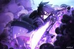  1boy bai_yemeng black_hair eyebrows_visible_through_hair fighting_stance fingerless_gloves gloves glowing glowing_eyes glowing_weapon highres holding holding_sword holding_weapon katana male_focus original purple_gloves red_eyes shaded_face signature smoke solo sword vambraces weapon 