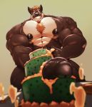  2019 anthro big_muscles big_penis black_body black_fur black_nipples black_nose black_penis body_hair brown_eyes brown_hair cake canid canine canis chest_hair cursedmarked erection food food_penetration food_play fur grin hair huge_muscles huge_penis improvised_sex_toy low-angle_view male mammal masturbation multicolored_body multicolored_fur muscular muscular_male nex_anima_canis nipples nude penis smile solo tattoo two_tone_body two_tone_fur vein veiny_penis white_body white_fur wolf 