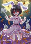  animal_ears barefoot belt belt_buckle black_hair breasts buckle bunny bunny_ears carrot dress inaba_tewi long_skirt moon open_mouth red_eyes short_hair short_sleeves skirt smile thighs touhou yamu_(reverse_noise) 
