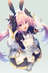  1boy astolfo_(fate) astolfo_(saber)_(fate) bangs black_bow black_dress black_gloves black_neckwear black_ribbon blush bow bowtie buttons cis05 commentary dress fang fate/grand_order fate_(series) gloves hair_between_eyes hair_bow hair_intakes hair_ribbon hands_up juliet_sleeves layered_skirt long_hair long_sleeves looking_at_viewer low_twintails multicolored_hair open_mouth otoko_no_ko pink_hair puffy_sleeves purple_eyes ribbon skirt smile solo streaked_hair twintails white_hair white_skirt wide_sleeves wing_collar 