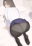  1girl all_fours ass bangs black_legwear blue_skirt blush brown_eyes enosan feet from_behind grey_hair hair_ornament hairclip iya_na_kao_sare_nagara_kozukuri_sasete_moraitai long_hair long_sleeves looking_back miru_tights panties pantyhose school_uniform shirt sidelocks skirt solo sweatdrop underwear white_panties white_shirt 