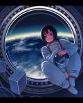  1girl astronaut black_hair blue_eyes bob_cut box closed_mouth cloud earth floating floating_object headwear_removed helmet helmet_removed highres holding holding_helmet indoors long_sleeves original round_window short_hair smile solo space_helmet spacecraft_interior spacesuit star_(sky) window window1228 zero_gravity 