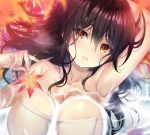  1girl :d arm_up armpits autumn_leaves bangs bare_shoulders blush breasts brown_eyes cleavage collarbone eyebrows_visible_through_hair hair_between_eyes large_breasts long_hair looking_at_viewer lying naked_towel on_back open_mouth original partially_submerged sanshoku_amido sidelocks smile solo towel water wet 