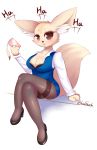  2018 aggressive_retsuko anthro big_breasts black_nose blueshark blush bra breasts brown_eyes canid canine cellphone clothed clothing dress_shirt female fennec fenneko footwear fox fully_clothed holding_cellphone holding_object holding_phone inner_ear_fluff legwear mammal nipples open_mouth pantyhose phone pink_nipples sanrio shirt shoes simple_background sitting solo topwear tuft underwear white_background white_clothing 