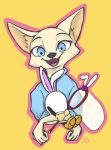  2019 ambiguous_gender anthro arctic_fox black_nose blue_eyes canid canine disney fangs fox fur holding_object inner_ear_fluff looking_at_viewer mammal marema_kishin open_mouth open_smile simple_background skye_(zootopia) smile solo teeth tuft white_body white_fur yellow_background zootopia 