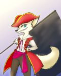  2019 anthro arctic_fox black_nose blue_eyes bottomwear canid canine clothed clothing disney flag fox fully_clothed fur gradient_background grin hand_on_hip hat headgear headwear holding_object looking_at_viewer mammal marema_kishin pants shirt simple_background skye_(zootopia) smile solo topwear white_body white_fur zootopia 