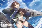  1girl :d ahoge azur_lane baltimore_(azur_lane) bird blue_coat blue_sky braid breasts brown_hair center_opening cloud coat commentary_request cruel_gz dutch_angle french_braid garter_straps gloves happy hooded_coat large_breasts leotard looking_at_viewer midriff_cutout multicolored_coat navel open_clothes open_coat open_mouth short_hair sky smile thighhighs thighs underboob underboob_cutout water waves white_gloves yellow_eyes 
