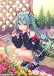  1girl aqua_eyes aqua_hair bubble bubble_blowing character_name flower fukahire_(ruinon) hair_between_eyes hatsune_miku headphones highres jacket long_hair looking_at_viewer nail_polish off_shoulder outdoors plant potted_plant shoes skirt sneakers solo squatting twintails very_long_hair vocaloid 