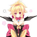  1girl bangs bare_shoulders black_dress black_sleeves black_wings blonde_hair blush bow bowtie breasts brooch cleavage closed_mouth collarbone commentary_request demon_wings detached_sleeves disgaea dress eyebrows_visible_through_hair hair_between_eyes jewelry large_breasts long_sleeves looking_at_viewer makai_senki_disgaea_2 pink_bow pointy_ears red_eyes red_neckwear rozalin shikito sidelocks simple_background solo strapless strapless_dress v_arms white_background wings 