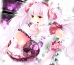 1girl :o absurdres animal_ears armpits azur_lane bangs bare_shoulders blurry blurry_background blush bow breasts bunny_ears commentary_request crop_top depth_of_field detached_sleeves eyebrows_visible_through_hair fuuna_thise hair_between_eyes hair_bow hairband headset high_heels highres laffey_(azur_lane) long_hair long_sleeves midriff navel pantyhose parted_lips pink_bow pink_footwear pink_skirt plaid plaid_bow plaid_skirt pleated_skirt red_eyes red_hairband shirt shoes silver_hair skirt small_breasts solo twintails very_long_hair white_legwear white_shirt white_sleeves 