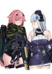  2girls absurdres assault_rifle camouflage_cape german_text girls_frontline green_eyes gun h&amp;k_hk416 hair_ribbon hat highres hk416_(girls_frontline) id_card iron_cross kuro_(zhurunbo1997) magazine_(weapon) mini_hat mod3_(girls_frontline) multiple_girls ntw-20_(girls_frontline) pink_eyes pink_hair prosthesis prosthetic_arm ribbon rifle scope silver_hair weapon 