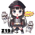  1girl asymmetrical_legwear azur_lane bangs black_hair black_jacket black_legwear black_skirt blunt_bangs blush chibi commentary_request eyebrows_visible_through_hair full_body garter_straps german_text grey_eyes hat hime_cut jacket legs_apart long_hair looking_at_viewer midriff military_hat miniskirt navel neck_ribbon open_clothes open_jacket open_mouth peaked_cap pleated_skirt red_ribbon ribbon simple_background skirt solo straight_hair thighhighs upper_teeth v-necker very_long_hair white_background z19_hermann_kunne_(azur_lane) 