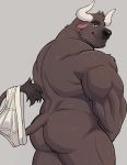  2019 absurd_res adios angus_(adios) anthro back_muscles big_muscles black_body black_fur black_nose bovid bovine briefs butt cattle clothing fur green_eyes hi_res horn huge_muscles looking_at_viewer male mammal muscular muscular_male nude solo standing tighty_whities underwear white_horn 