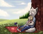  anthro arthropod barefoot black_nose blush bottomwear butterfly canid canine cheek_tuft claws clothed clothing dappled_light detailed_background ears_down facial_tuft fox fully_clothed fur grass head_tuft hug hugging_from_behind inner_ear_fluff insect juantriforce042 lagomorph lepidopteran leporid light lighting mammal outside pants pivoted_ears rabbit reclining shirt sitting smile t-shirt toe_claws topwear tree tuft white_body white_fur yellow_body yellow_fur 