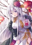  1girl alternate_costume azur_lane bare_tree breasts china_dress chinese_clothes commentary_request cowboy_shot cup disposable_cup dress enterprise_(azur_lane) flower fur_trim hair_flower hair_ornament holding holding_cup hoshino_koucha lantern large_breasts long_hair long_sleeves looking_at_viewer off_shoulder open_mouth paper_lantern pelvic_curtain purple_eyes red_flower sidelocks silver_hair smile snowing solo standing tree very_long_hair white_dress 