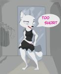  2018 absurd_res anthro arctic_fox barefoot black_nose blue_eyes bottomwear breasts canid canine clothed clothing dialogue digital_media_(artwork) disney english_text fangs female fox foxialist fur hi_res inside light lighting mammal mirror panties shirt skirt skye_(zootopia) solo speech_bubble standing tank_top text topwear underwear white_body white_fur zootopia 