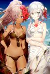  2girls asymmetrical_hair bangs bare_shoulders bikini black_bikini breasts cinderella_(sinoalice) cleavage collarbone commentary_request cowboy_shot dark_skin flower grey_eyes hair_between_eyes hair_flower hair_ornament hair_over_one_eye hibiscus long_hair looking_at_viewer midriff multiple_girls navel ponytail purple_eyes purple_hair sarong sawashi_(ur-sawasi) side-tie_bikini sinoalice snow_white_(sinoalice) stomach sunglasses swimsuit wet white_bikini white_hair 