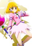  1girl absurdres antenna_hair bangs blonde_hair blunt_bangs closed_mouth cosplay_request eyebrows_visible_through_hair gloves highres holding holding_staff kise_yayoi long_sleeves looking_at_viewer medium_hair miniskirt niita pink_shirt precure shadow shiny shiny_hair shirt skirt smile smile_precure! solo staff twitter_username white_background white_gloves white_skirt yellow_eyes 