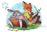  ambiguous_gender anthro barefoot book border bottomwear canid canine claws clothed clothing dipstick_ears disney duo eyes_closed fluffy fluffy_tail fox fully_clothed grass holding_book holding_object inner_ear_fluff judy_hopps lagomorph leporid looking_at_another mammal multicolored_ears necktie nick_wilde on_ground outside pants pawpads plant rabbit red_fox shirt sitting sleeping smile tetsukiart toe_claws topwear tuft white_border zootopia 