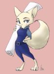  2019 anthro arctic_fox barefoot belt blue_eyes bottomwear breasts canid canine claws clothed clothing digital_media_(artwork) disney female fox fully_clothed hand_on_hip holding_object inner_ear_fluff mammal marema_kishin medium_breasts pants pink_background simple_background skye_(zootopia) solo toe_claws tuft zootopia 