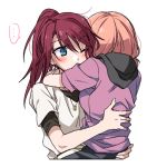  ... 2girls bang_dream! bangs black_shirt blue_bow blush bow hood hood_down hug jewelry lowres multiple_girls one_eye_closed pendant pink_hair pink_hoodie ponytail re_ghotion red_hair shirt simple_background spoken_ellipsis udagawa_tomoe uehara_himari upper_body white_background white_shirt yuri 