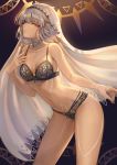  1girl altera_(fate) bangs bare_shoulders blunt_bangs blush body_markings bra breasts choker collarbone dark_skin fate/extella fate/extra fate_(series) forehead_jewel hand_up headband highres leaning_forward lingerie looking_at_viewer mashuu_(neko_no_oyashiro) navel panties parted_lips red_eyes short_hair sidelocks small_breasts solo thighs underwear veil white_hair 