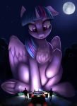  2019 absurd_res car digital_media_(artwork) equid feathered_wings feathers female feral friendship_is_magic full_moon group hi_res hooves horn macro mammal moon my_little_pony night outside police_car pony-way purple_body purple_feathers twilight_sparkle_(mlp) underhoof vehicle winged_unicorn wings 